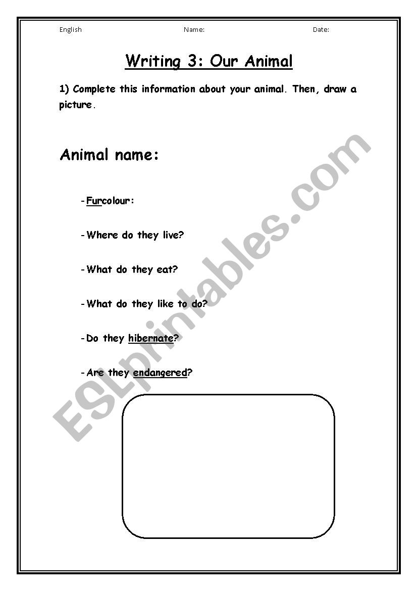 animal writing worksheet