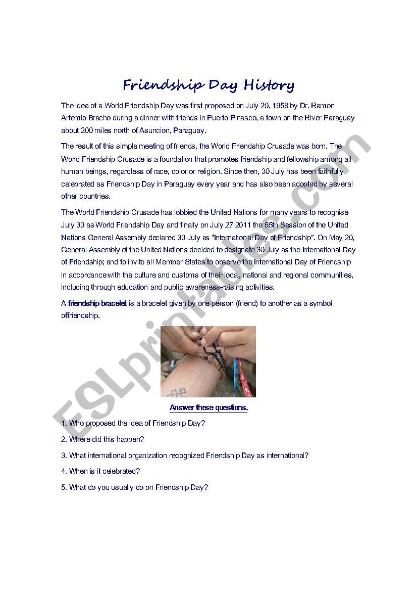 Frienship Day History worksheet