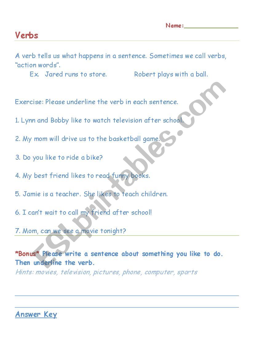 Verbs worksheet