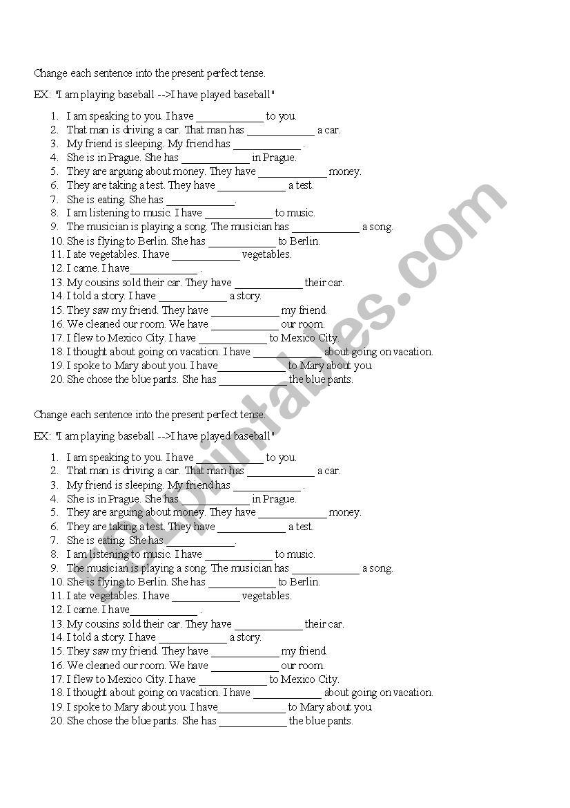 Present perfect tense worksheet