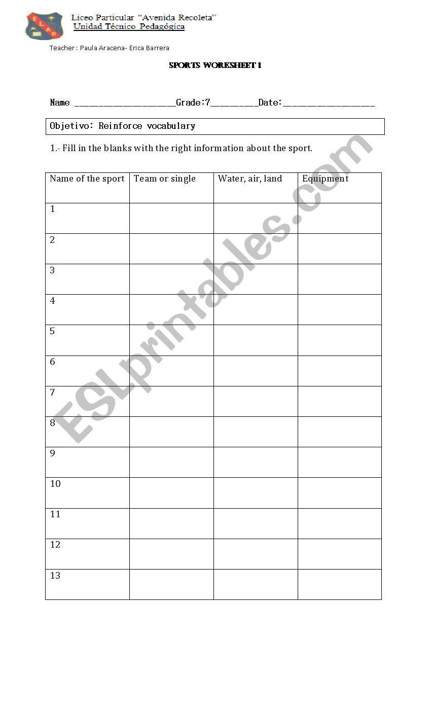 sports worksheet