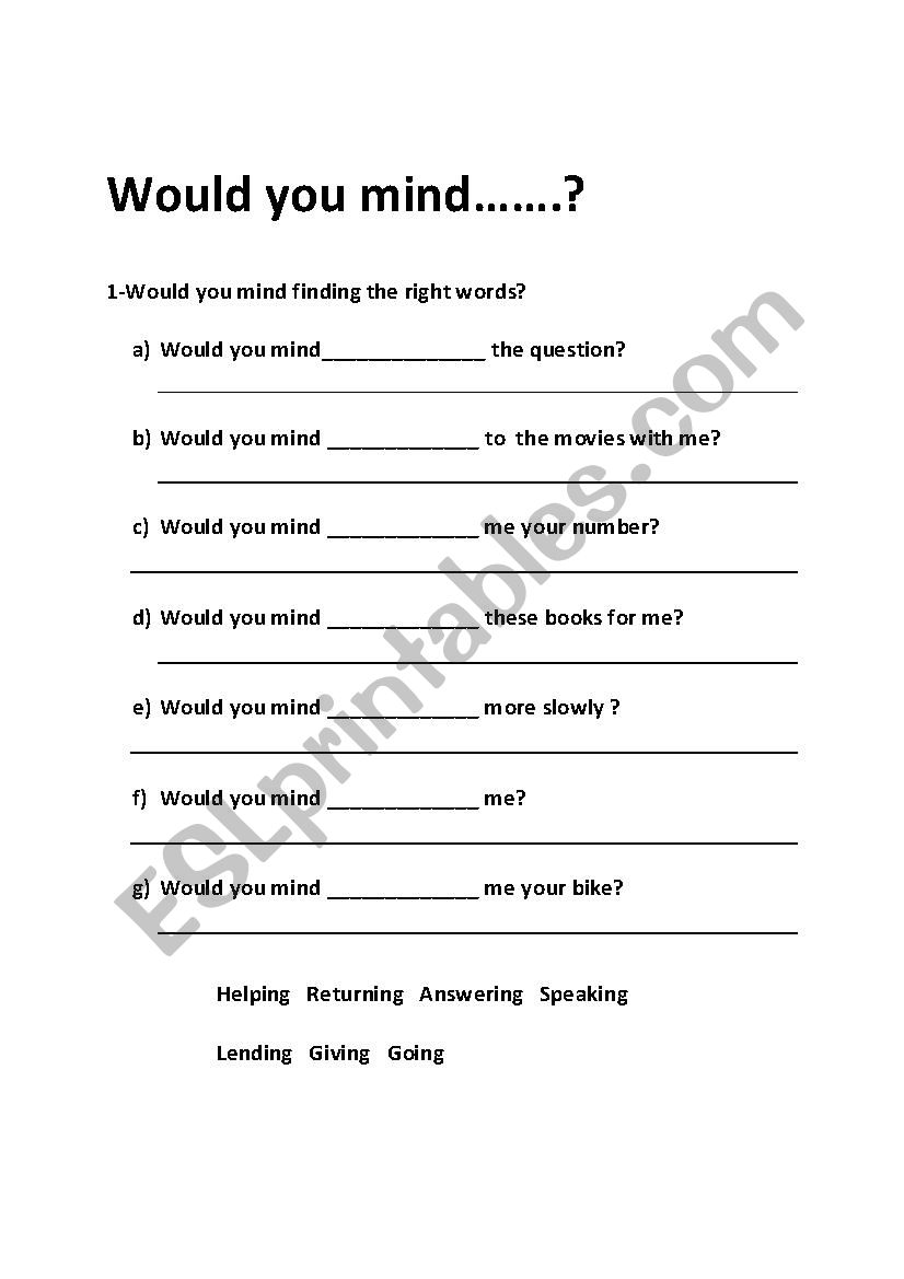 would you mind worksheet