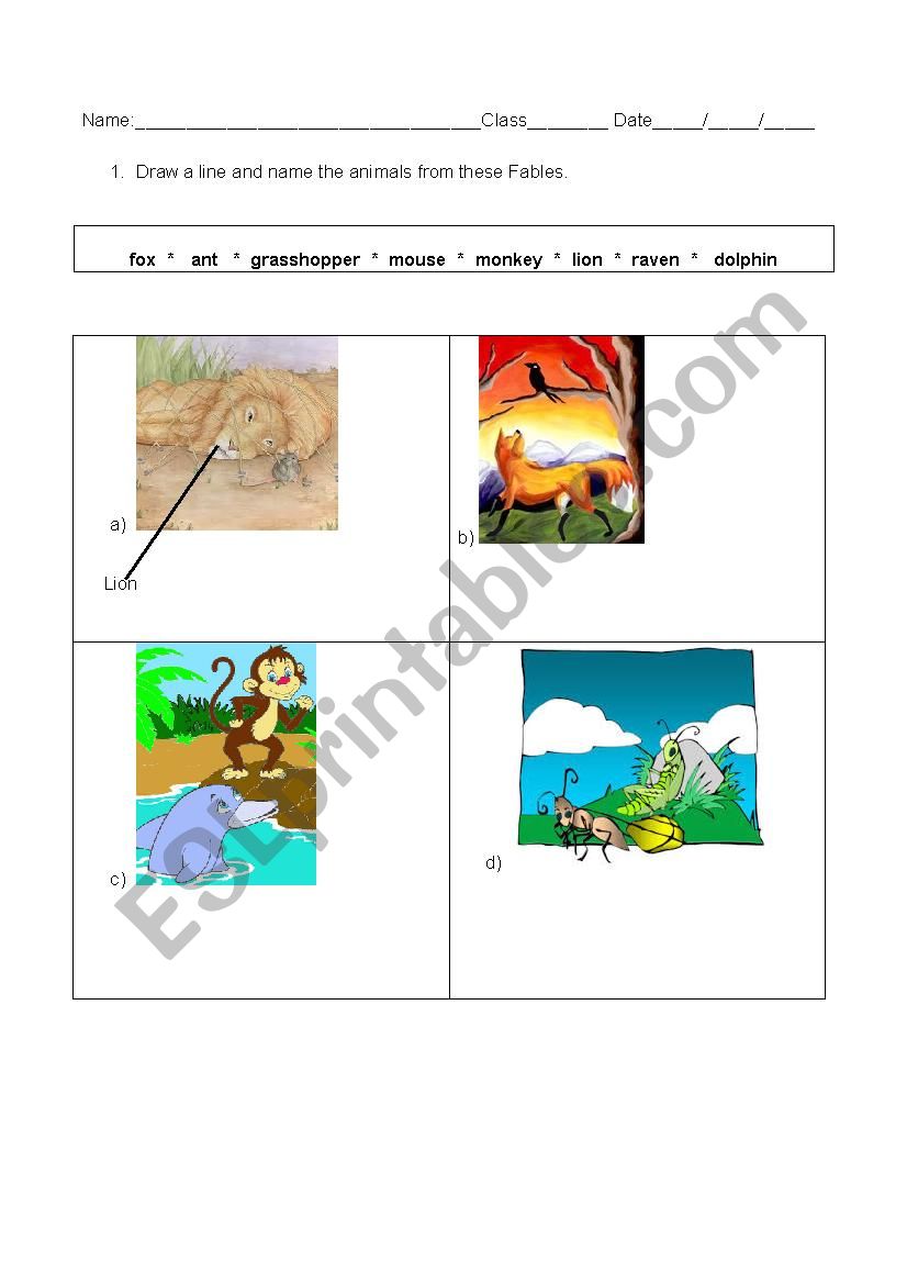Animals from Fables worksheet