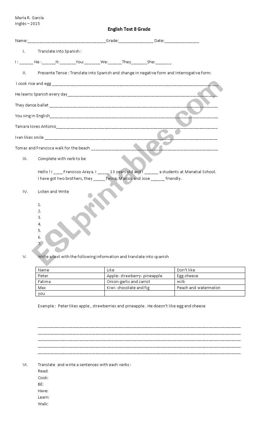 test review contents worksheet