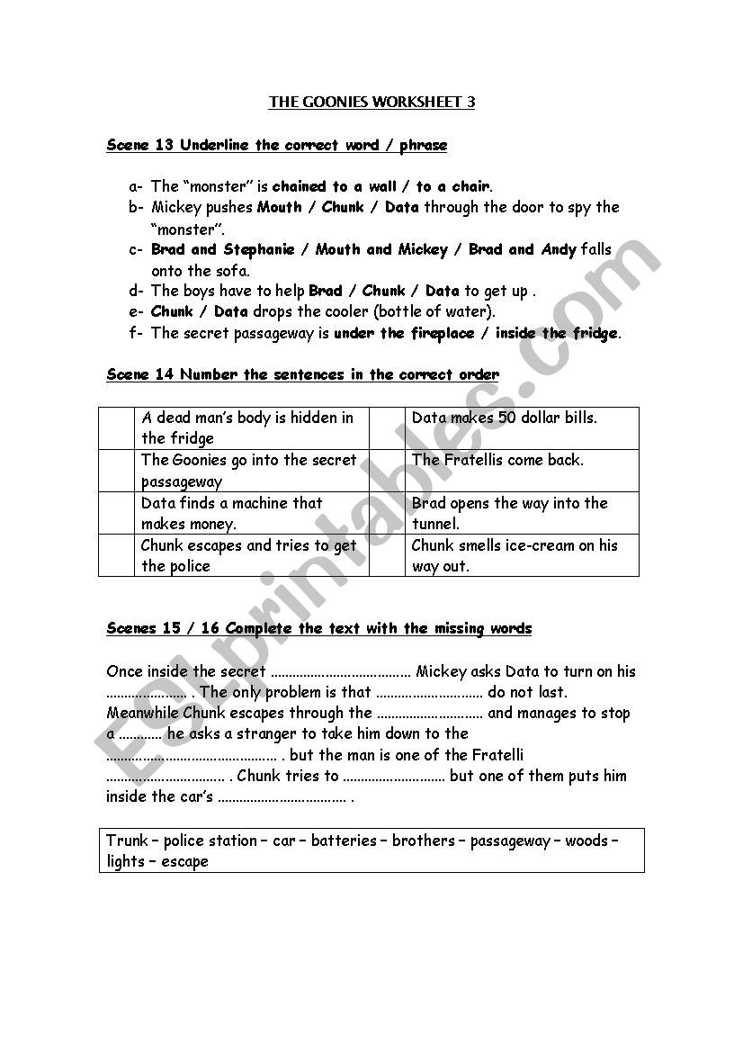 Goonies 3 worksheet