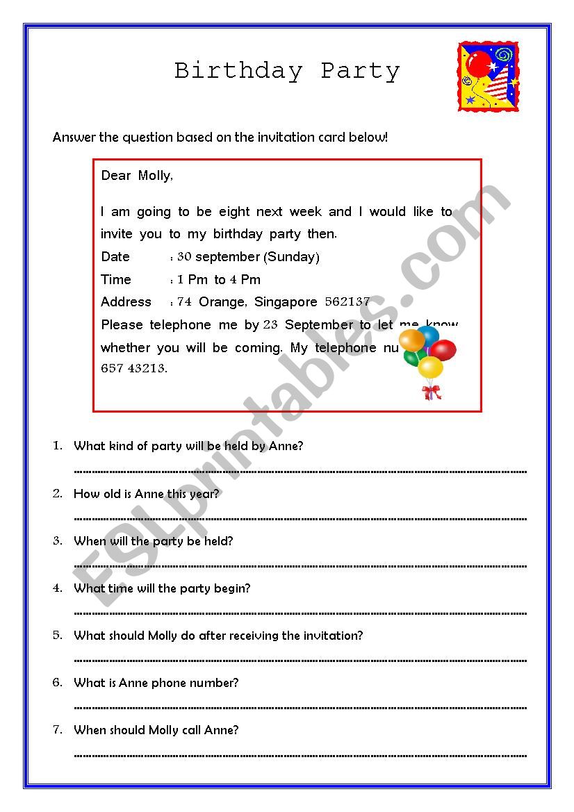 Birthday party - ESL worksheet by widyadwi22