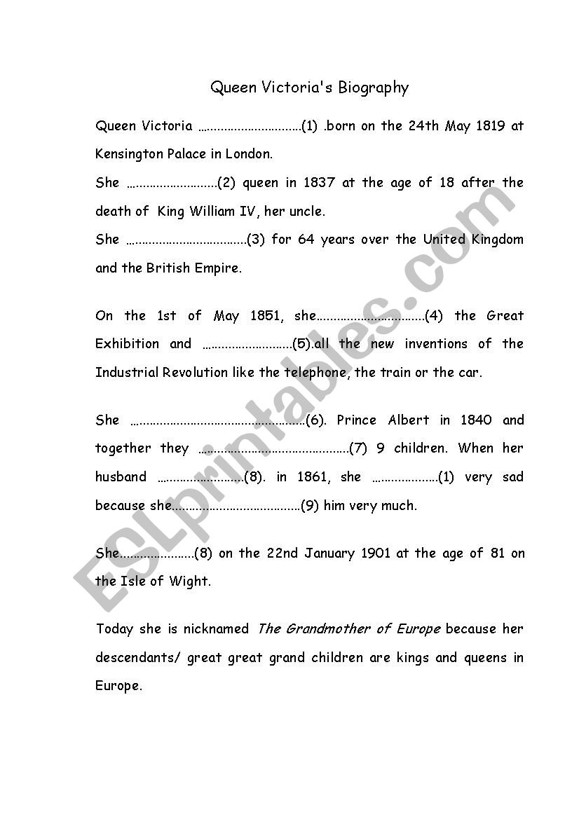 Queen Victoria biography worksheet