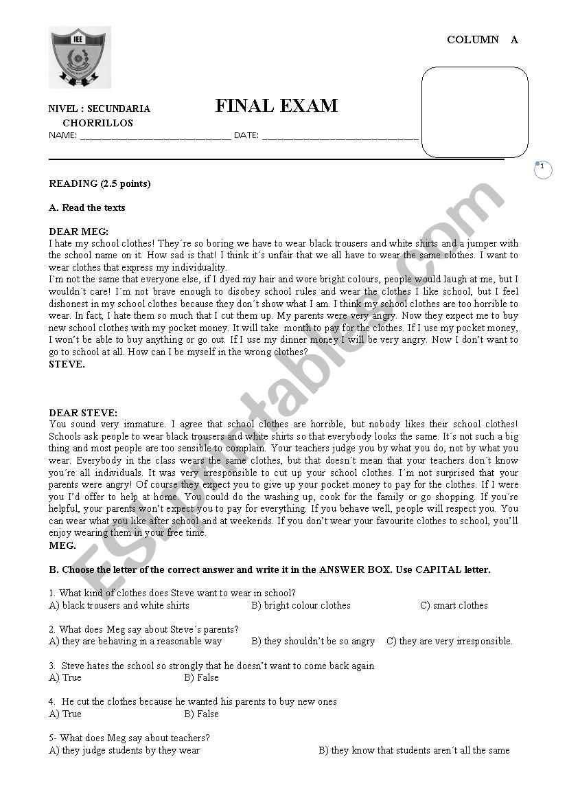 FINAL EXAM 5TH GRADE worksheet