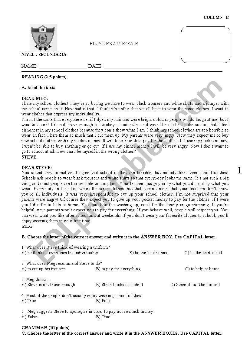 FINAL EXAM 5TH GRADE ROW B worksheet