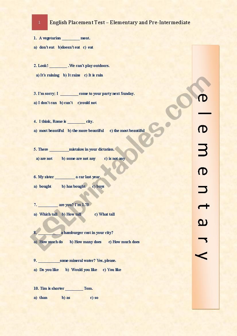 Placement test - Elementary and Pre-intermediate