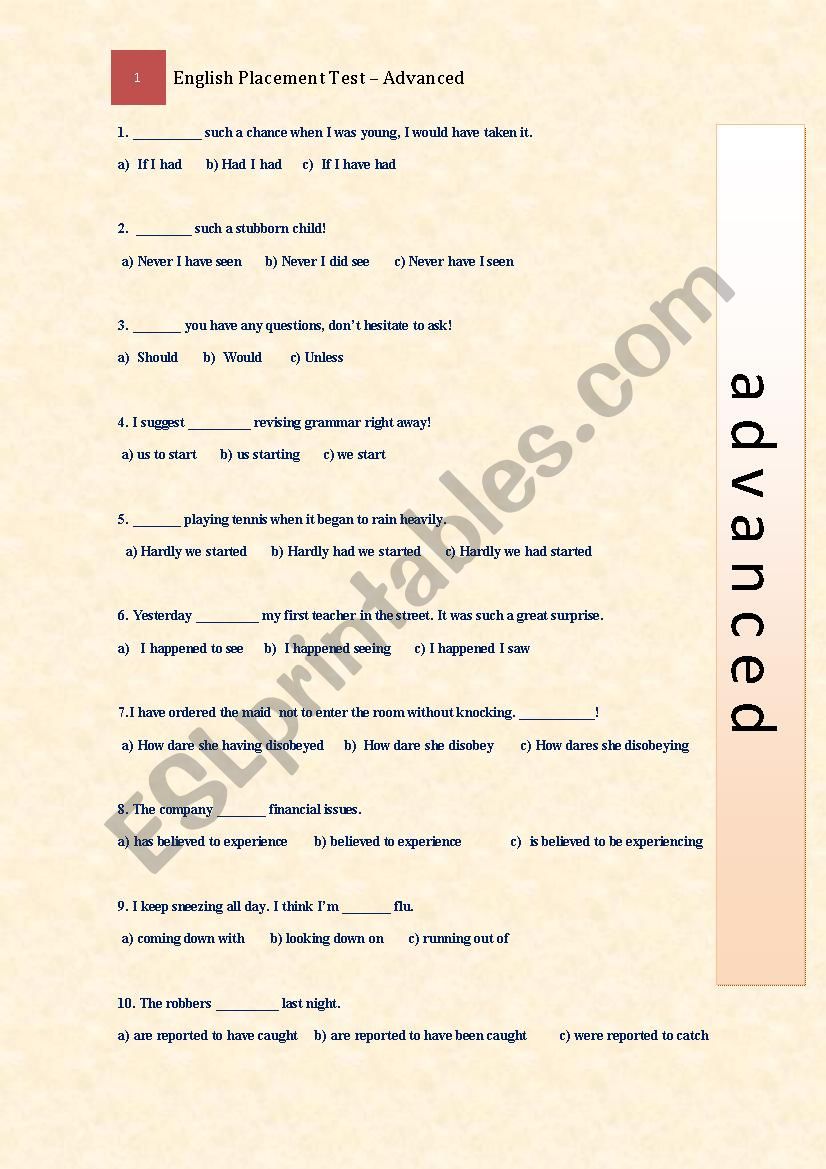 Placement Test, Advanced worksheet