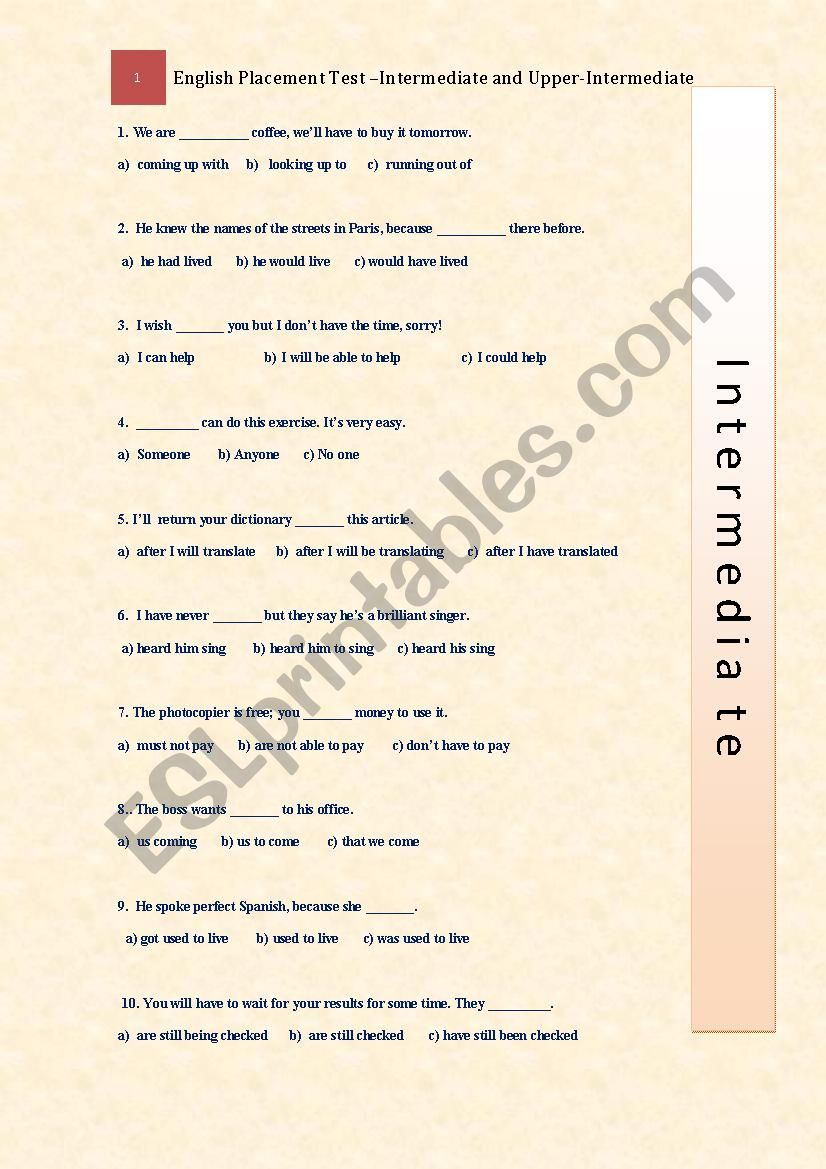 Placement Test, Intermediate and Upper Intermediate