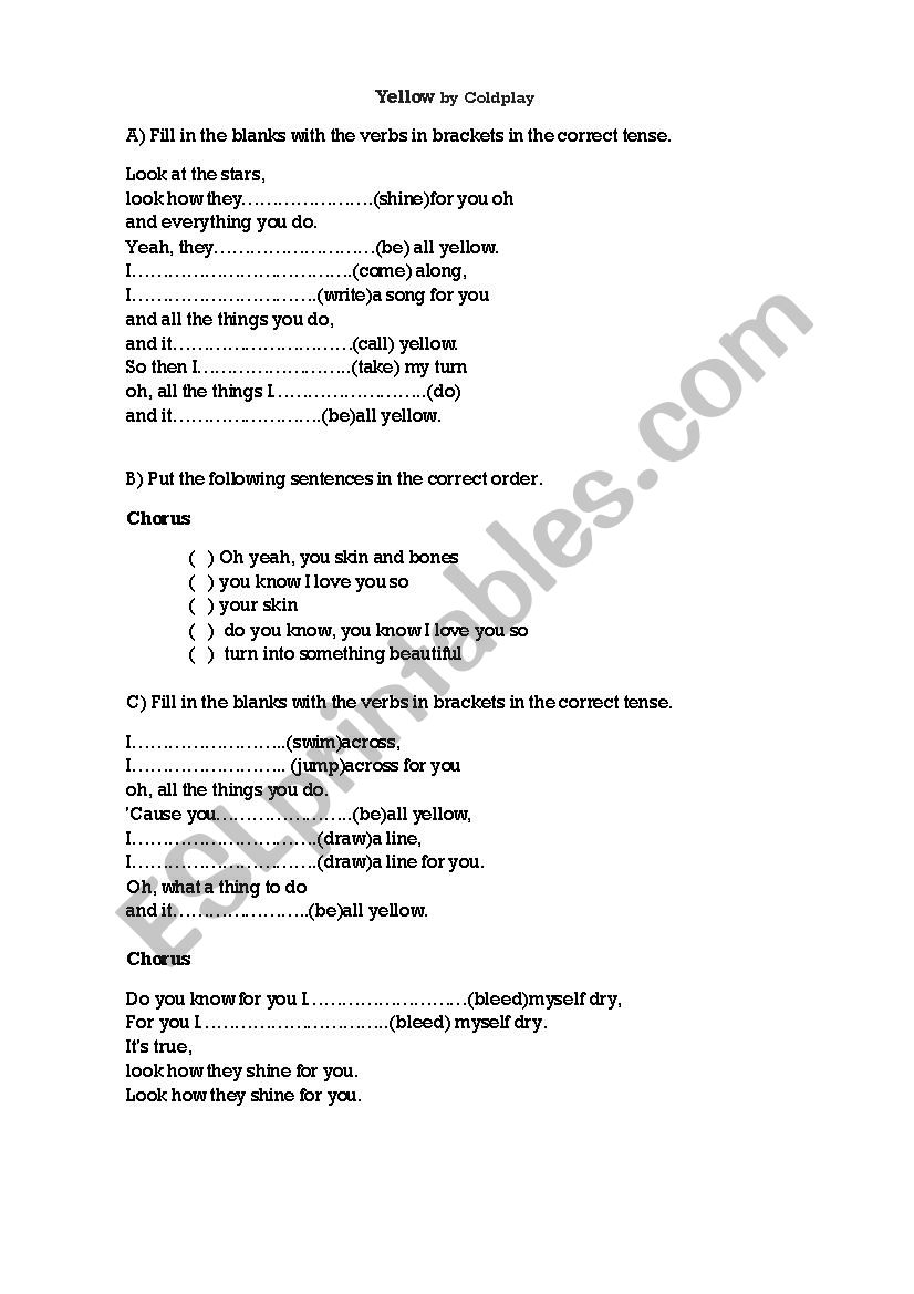 Yellow by Coldplay worksheet