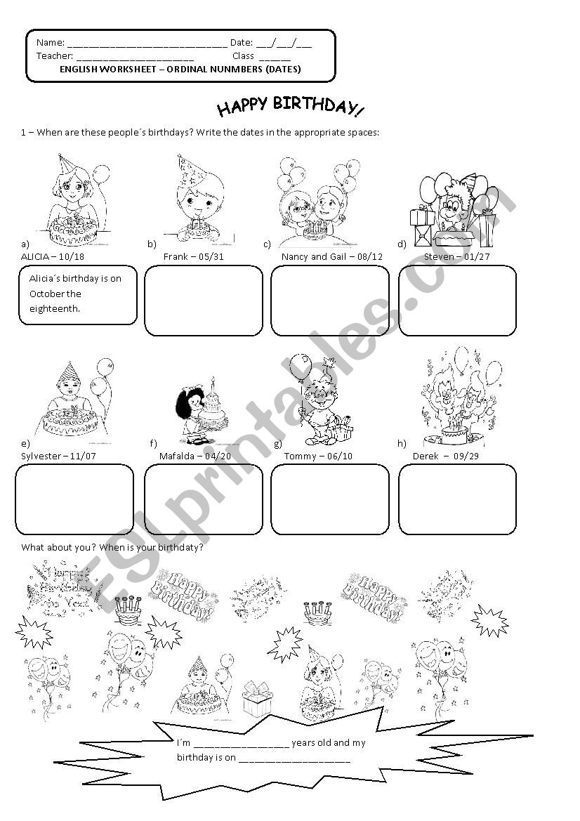 Ordinal Numbers - Dates worksheet