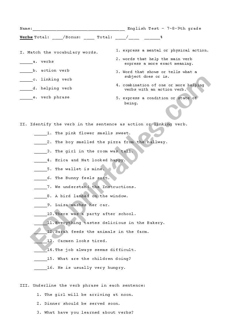 Verb Test for 7th, 8th and 9th grades