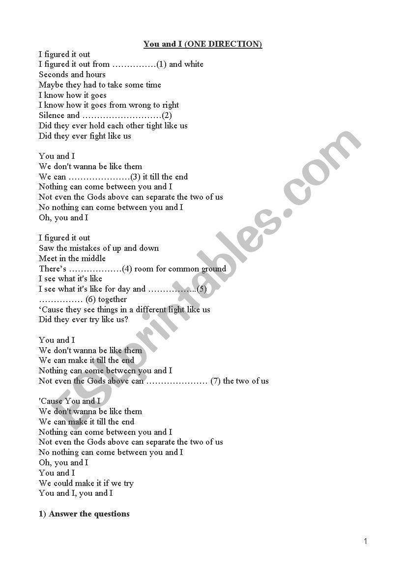 one direction, You and I worksheet