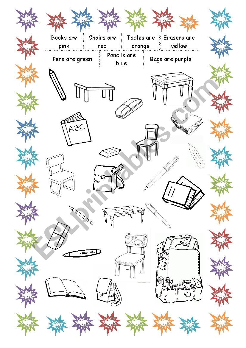 School objects and colours worksheet