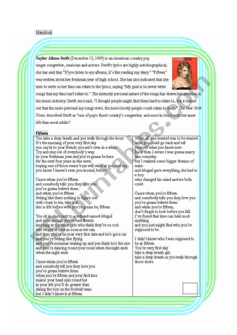 Worksheet for teaching the song 