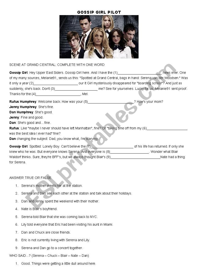 GOSSIP GIRL PILOT worksheet