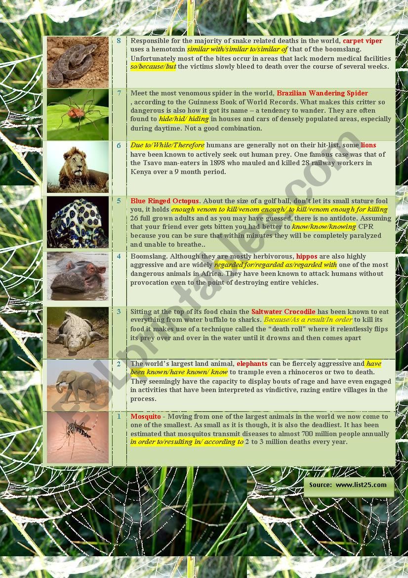 25 of the Most Dangerous Animals In The World - ESL worksheet by Gi2gi 25 of the Most Dangerous Animals In The World - ESL worksheet by Gi2gi