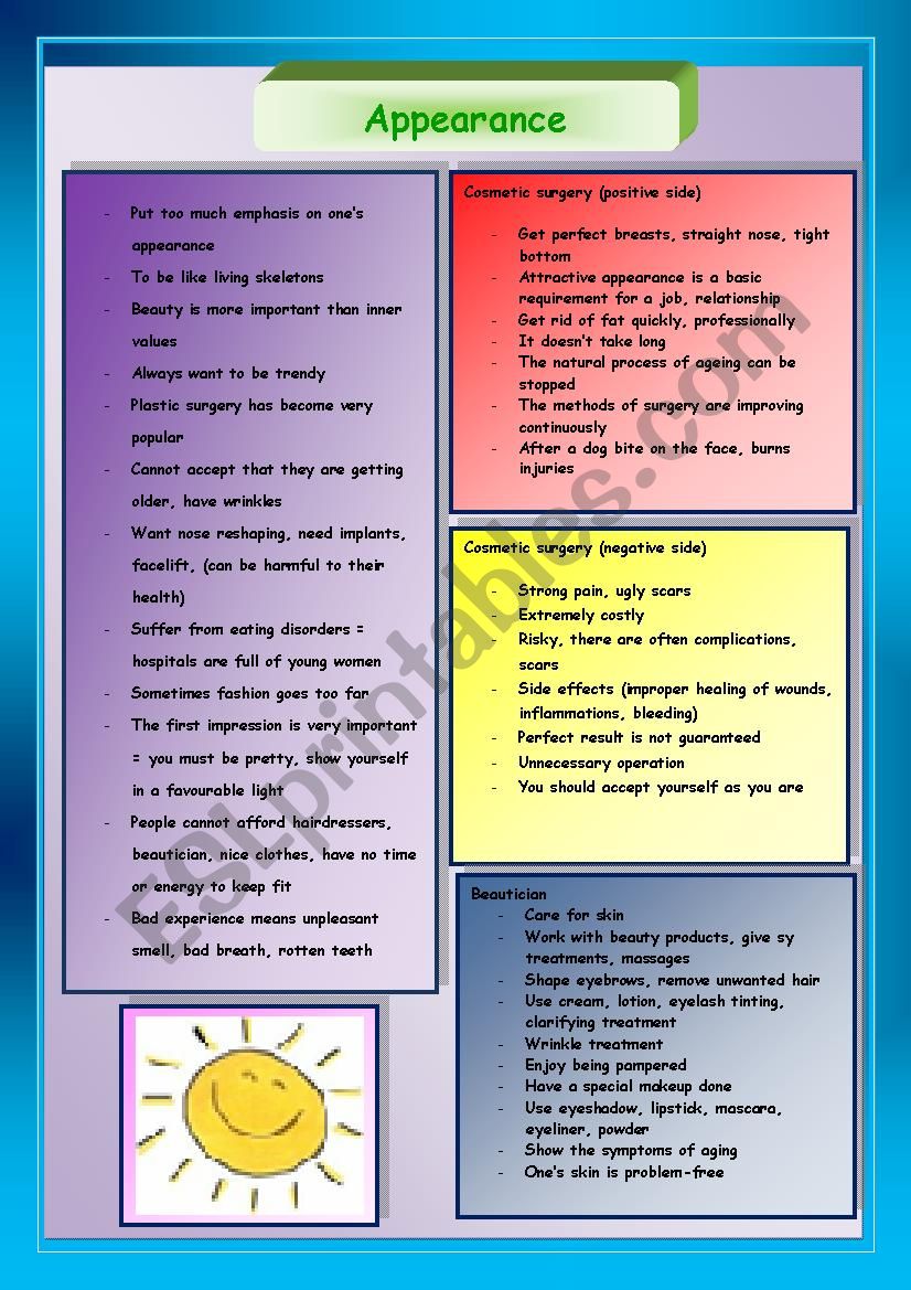 Appearance, cosmetic surgery worksheet