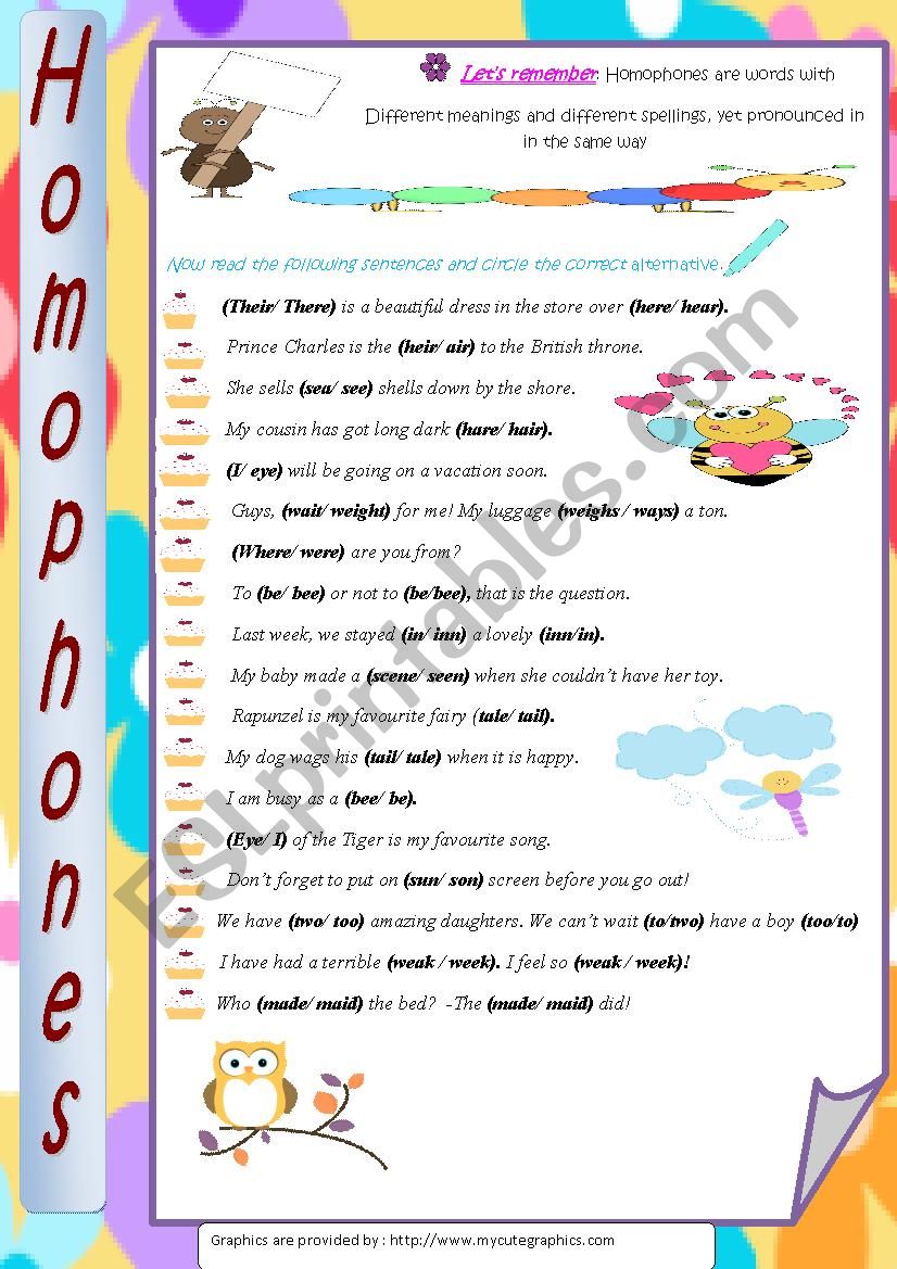 Homphones worksheet