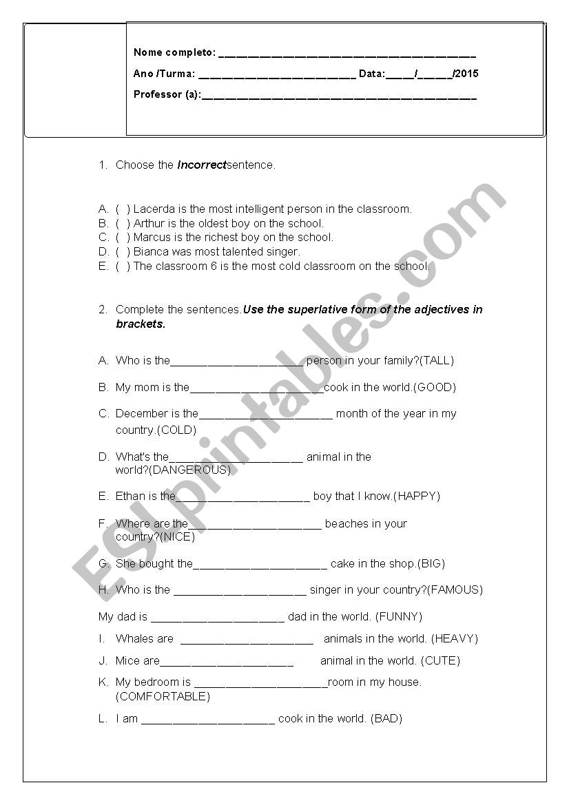 superlative worksheet