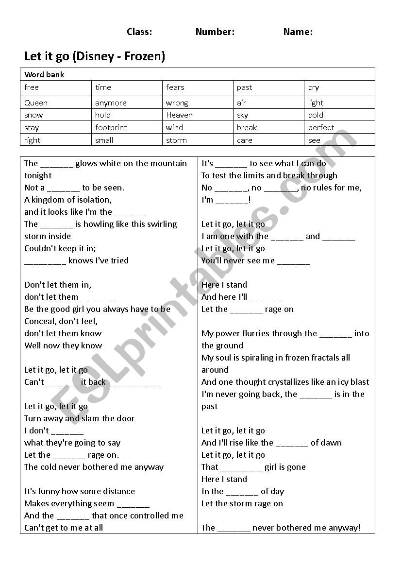 song let it go worksheet