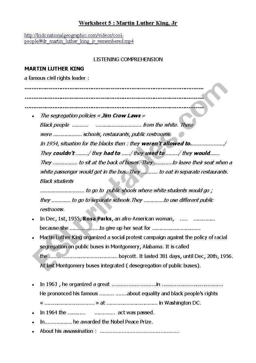 martin luther king worksheet