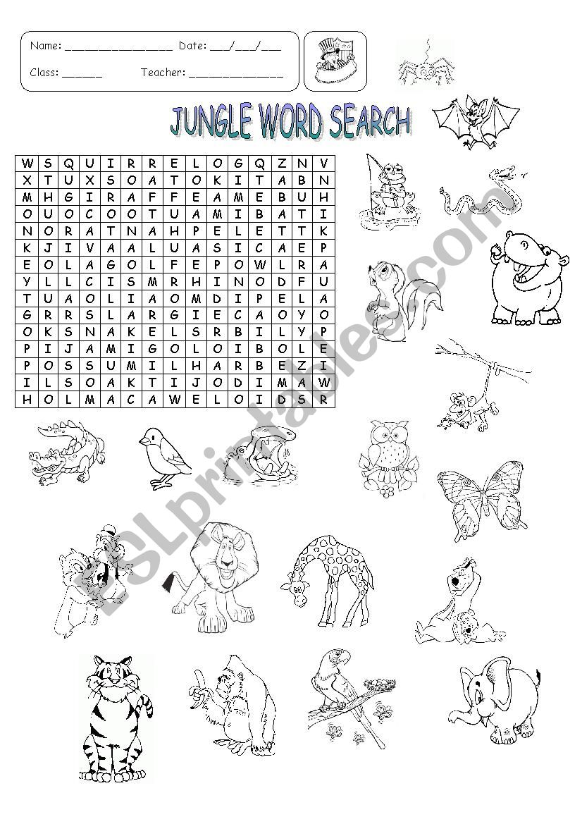 JUNGLE ANIMALS - WORD SEARCH worksheet