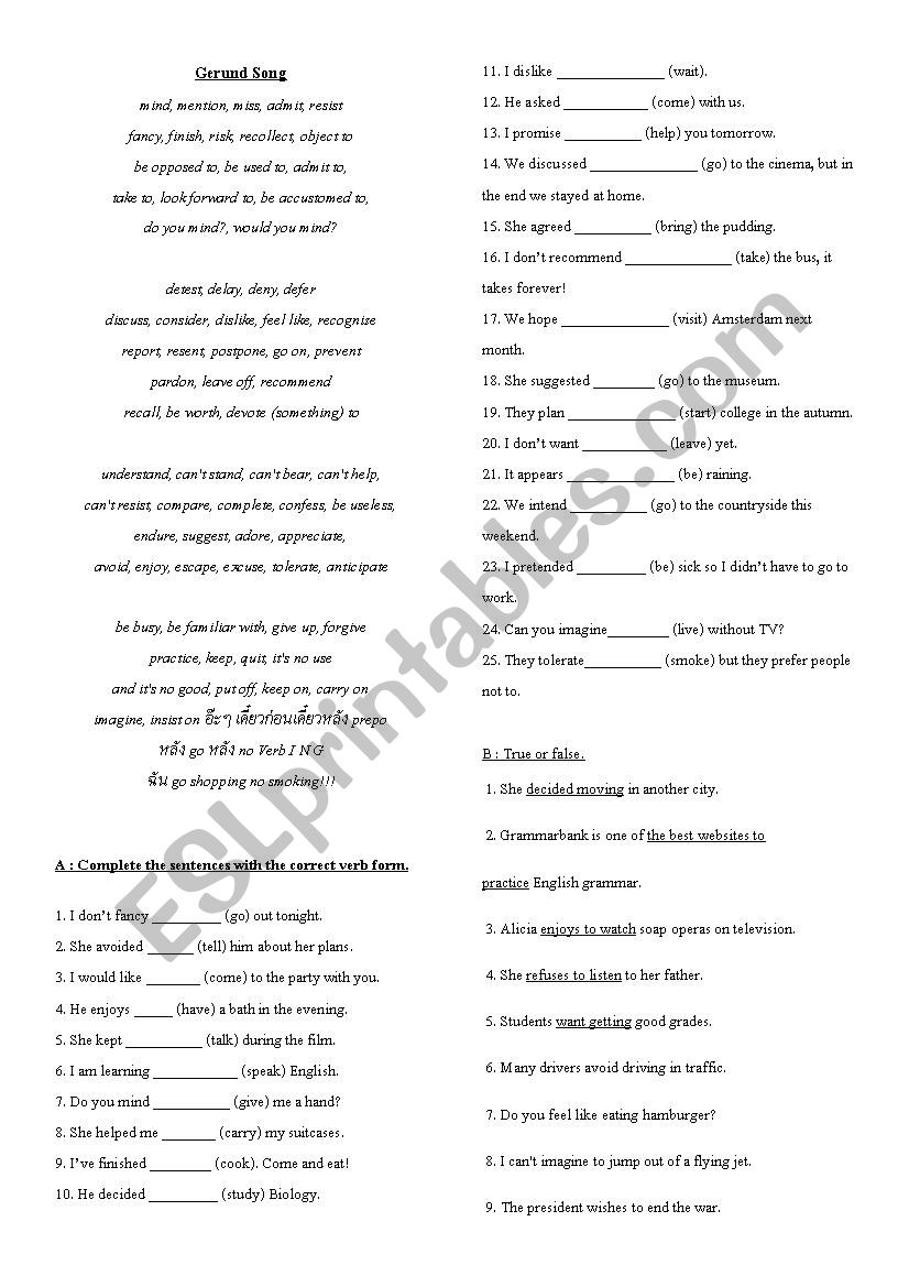 Gerunds and infinitives worksheet