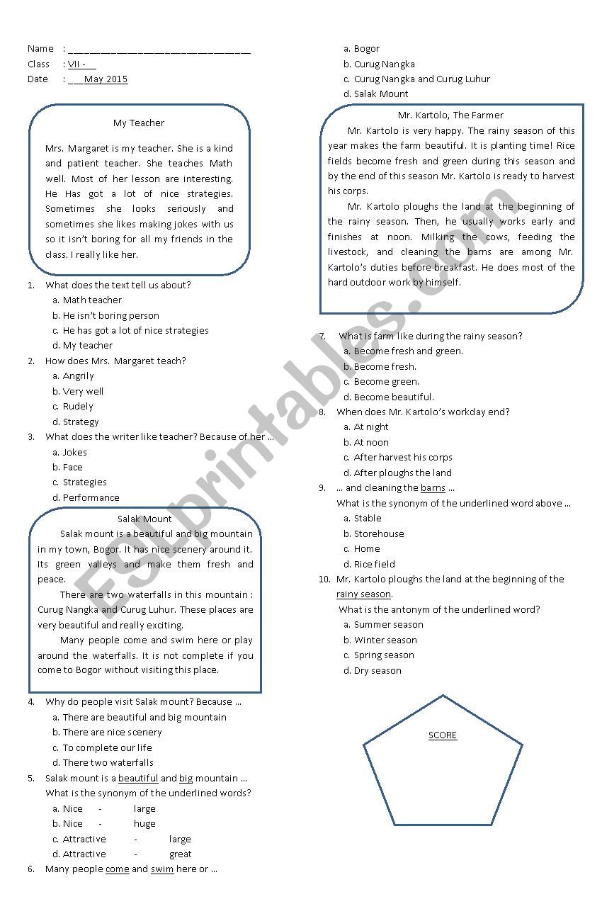 Descriptive text quiz worksheet