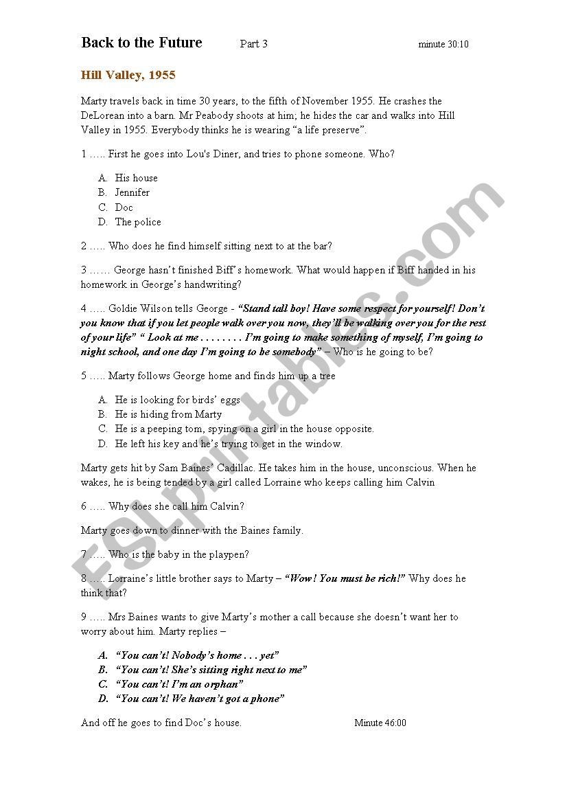    Back to the Future: Question sheet - part 3