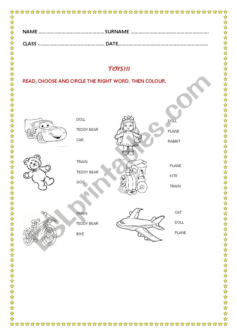 Toys- multiple choice worksheet