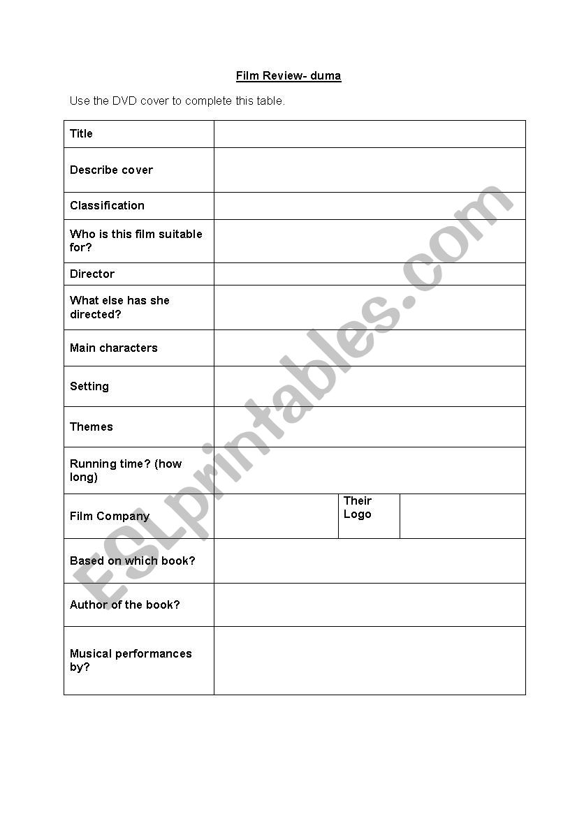 Duma- DVD cover Analysis worksheet