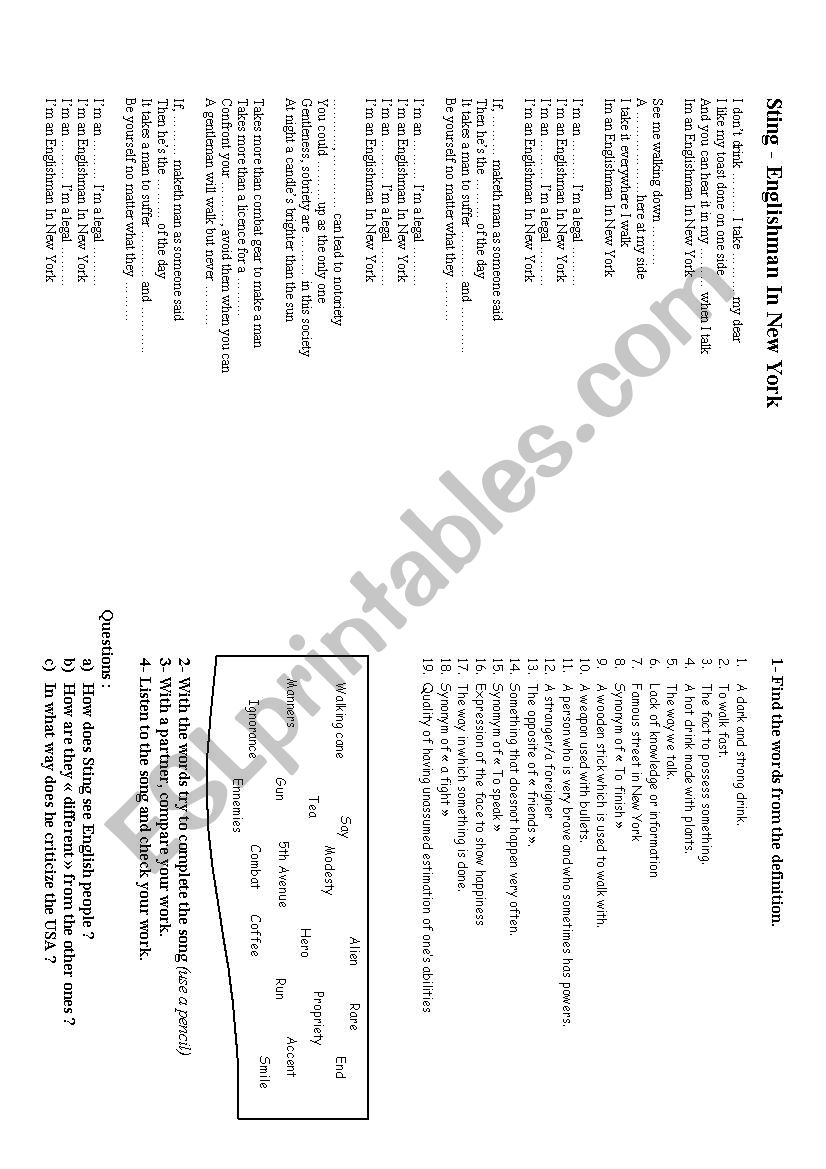 Sting Englishman In New York worksheet