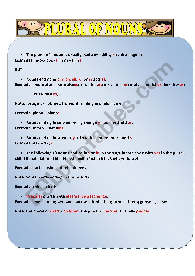 The plural of nouns -regular and irregular