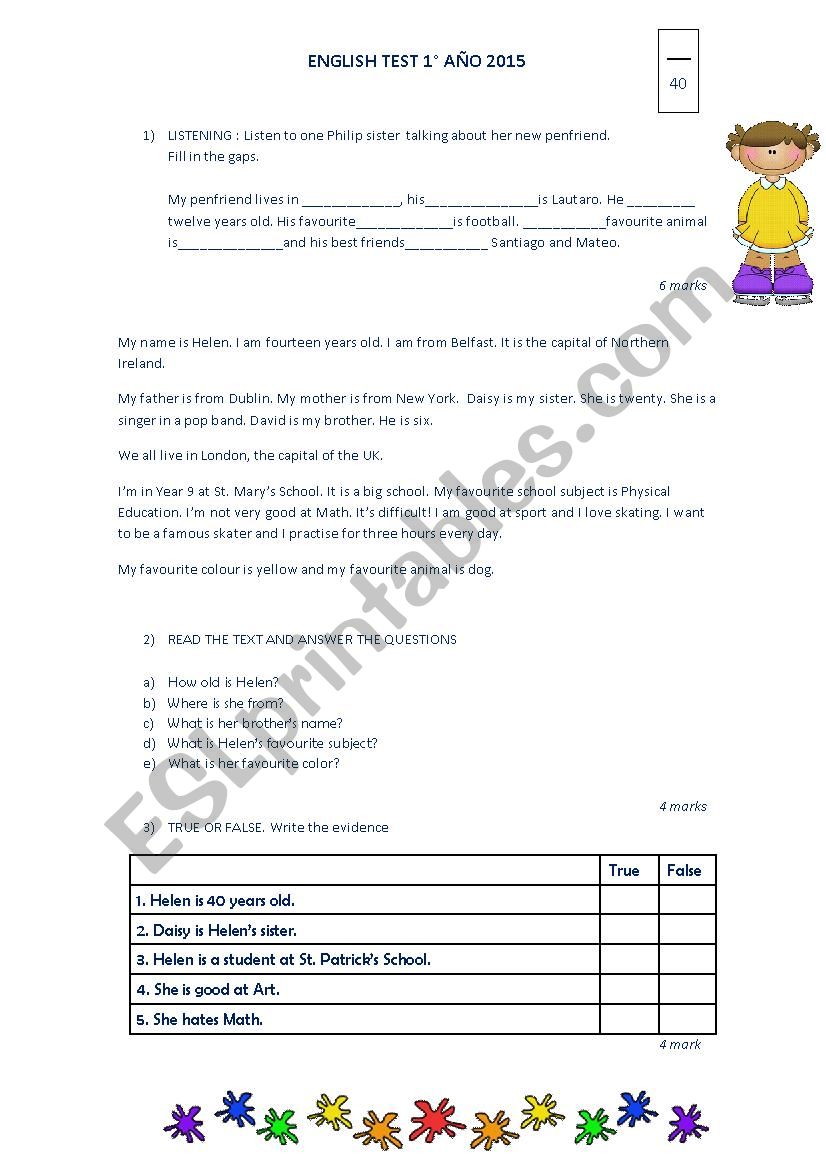 english test worksheet