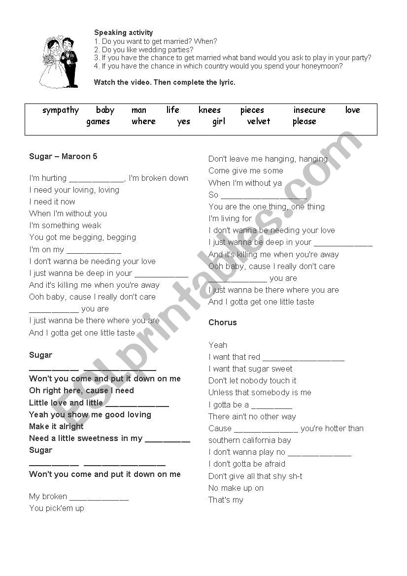 Sugar - Maroon 5 worksheet