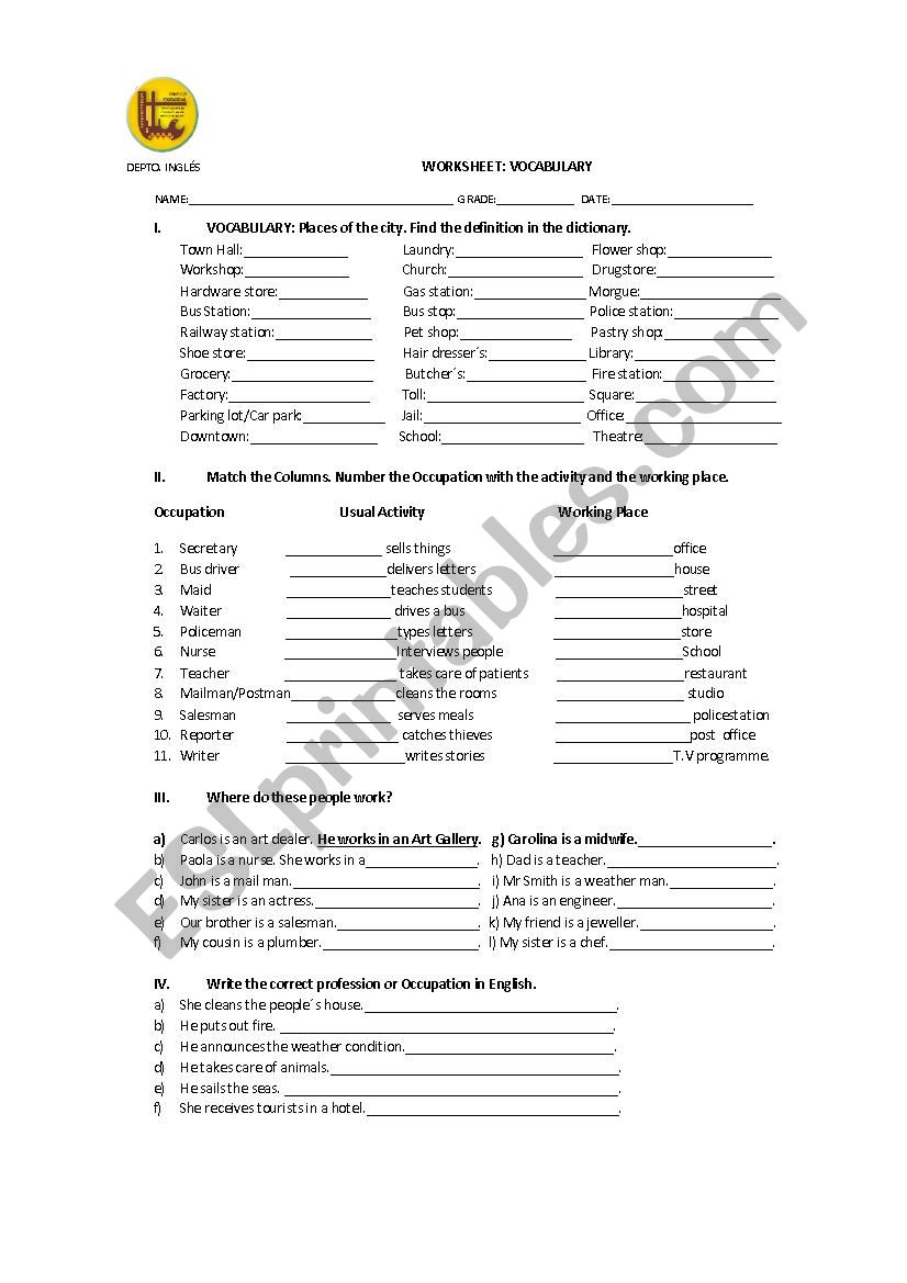 Vocabulary Worksheet: Places worksheet