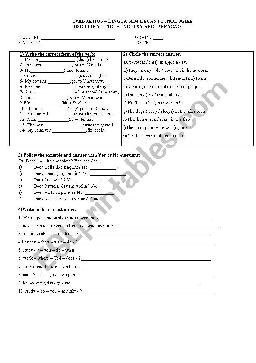 ENGLISH TEST SIMPLE PRESENT worksheet