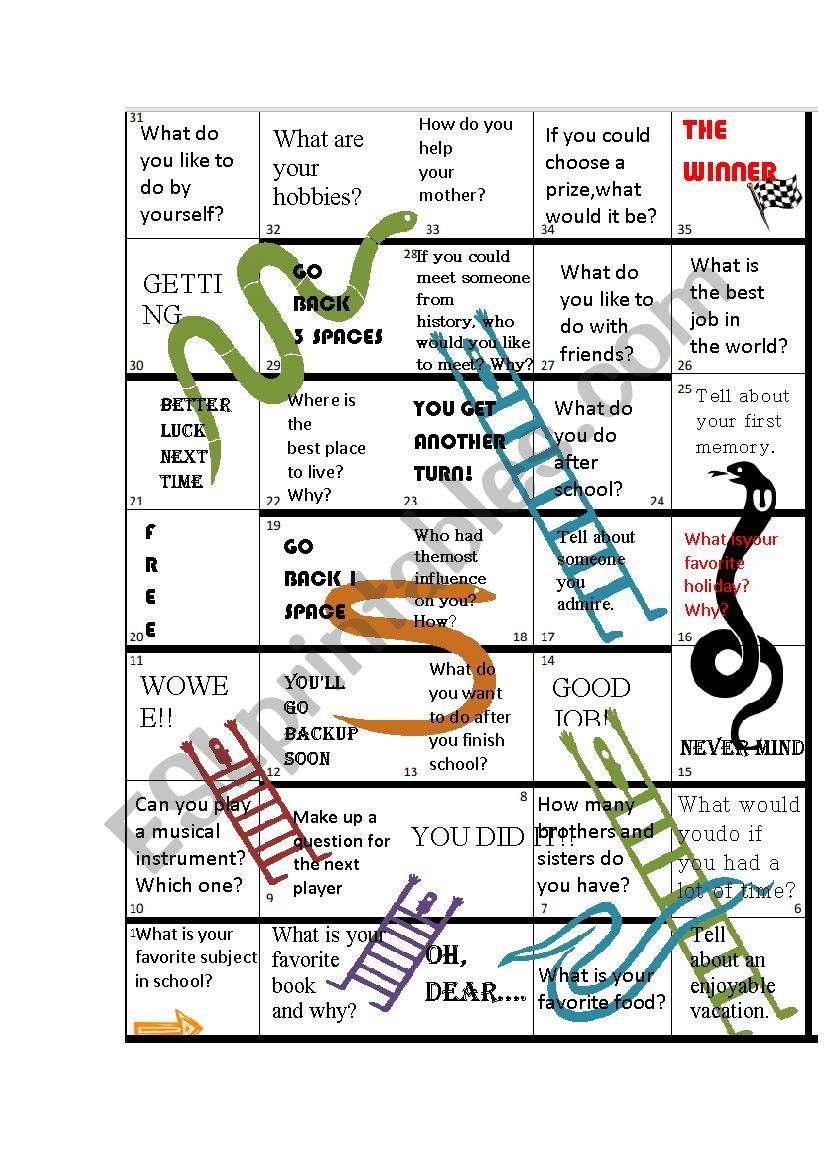 Snakes and Ladders worksheet