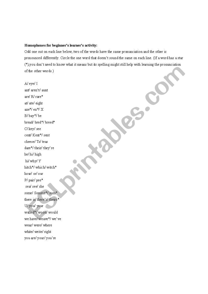 Homophones for beginner´s learner´s activity
