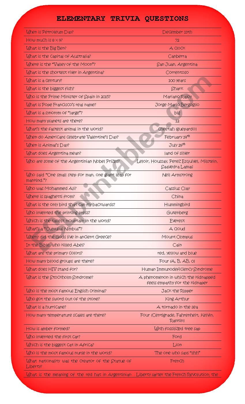 Trivia Questions Elementary Esl Worksheet By Vicky Gonzalez