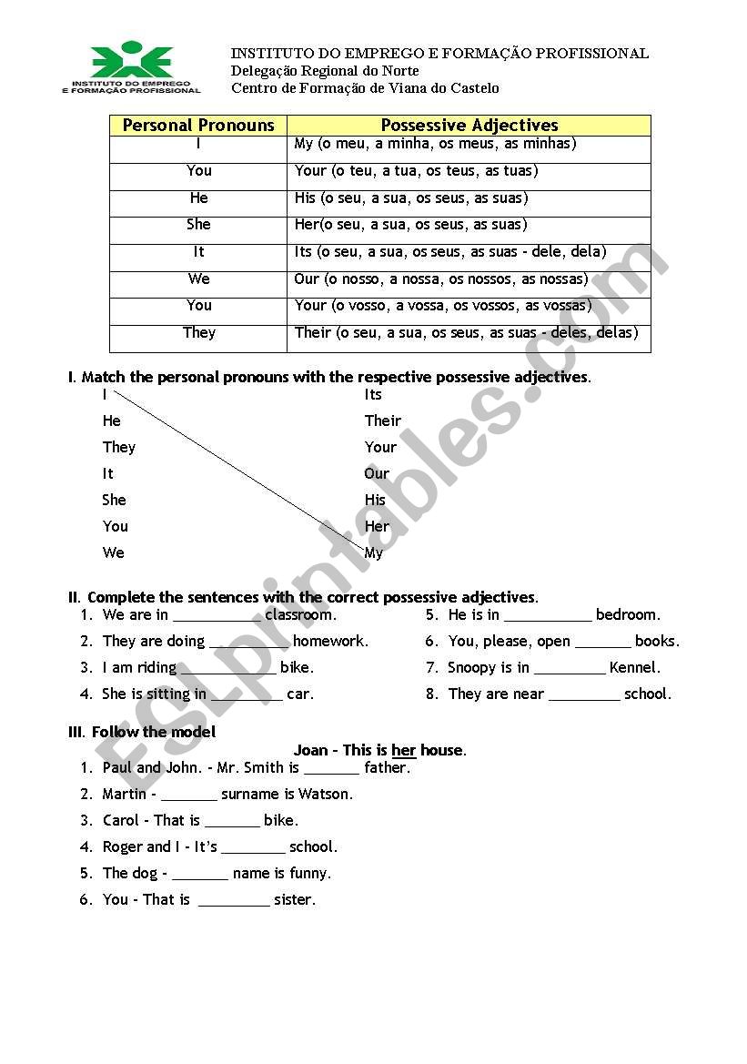 Possessive adjective worksheet