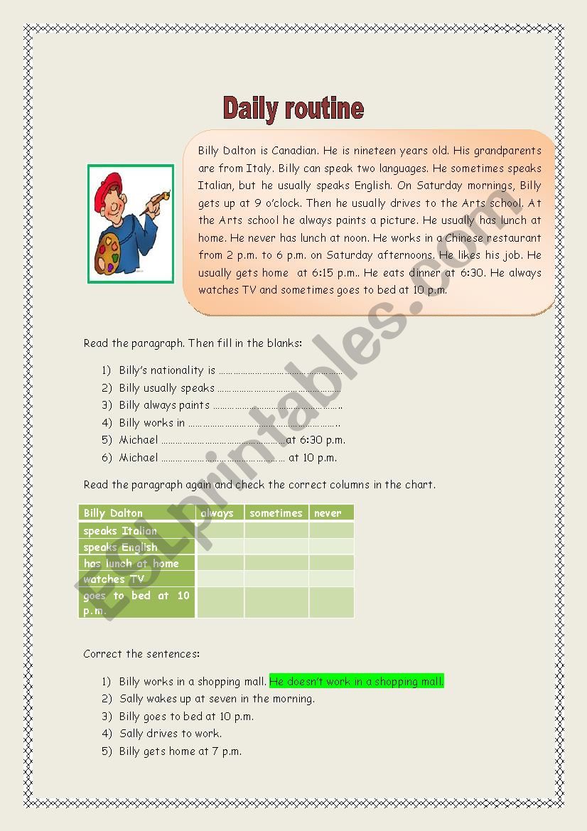 daily routine worksheet