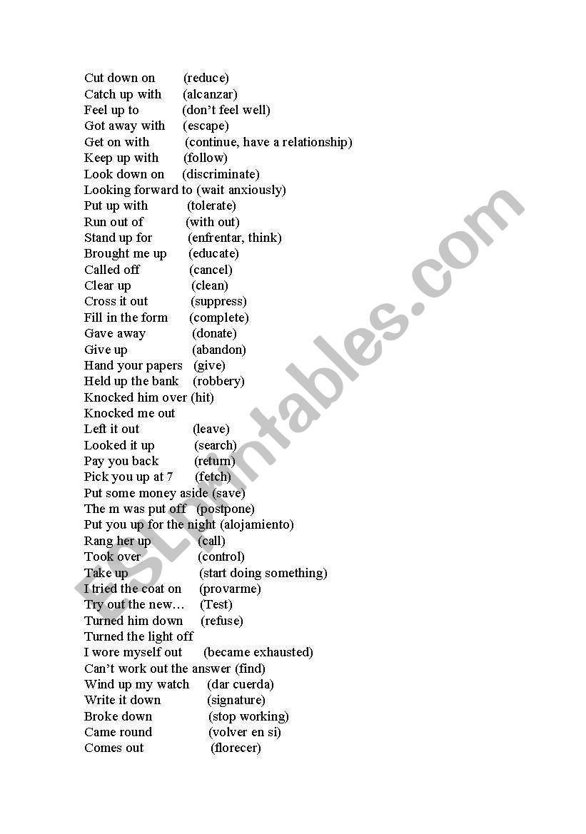 Phasal verbs worksheet