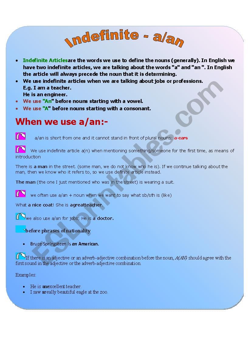 indefinite articles a/an worksheet