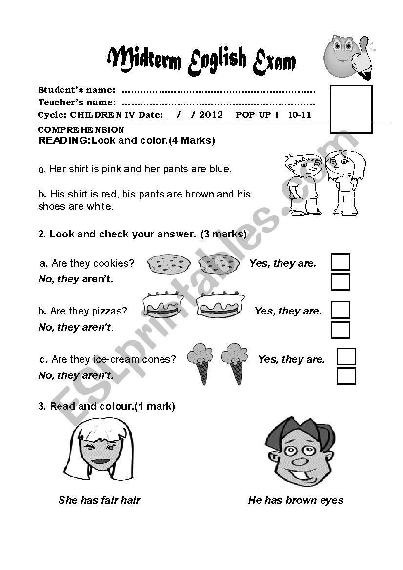 Test about physical appearance,has and have, prepositions of place, colours,etc