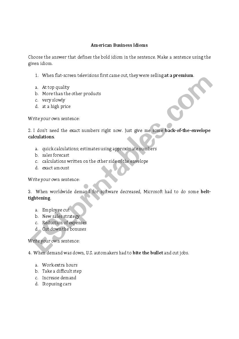 American business idioms worksheet